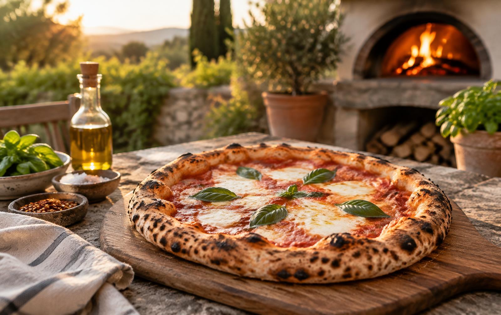 Blistered margherita pizza on a wooden peel on a stone patio table at golden hour, with an outdoor oven glowing behind
